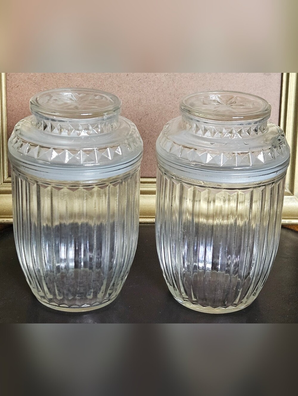 Set of 2 Vintage Anchor Hocking Clear Glass Ribbed Prism Jar Storage Canister